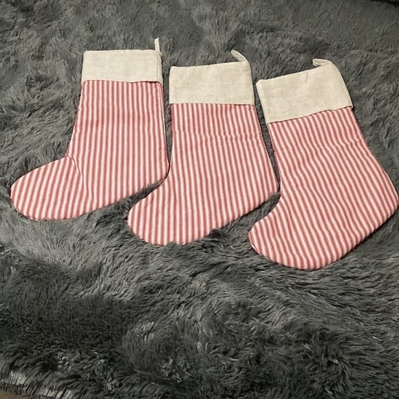 RAE DUNN "PEACE LOVE JOY" RED TICKING STRIPE CHRISTMAS STOCKINGS SET OF 3 - Picture 6 of 12